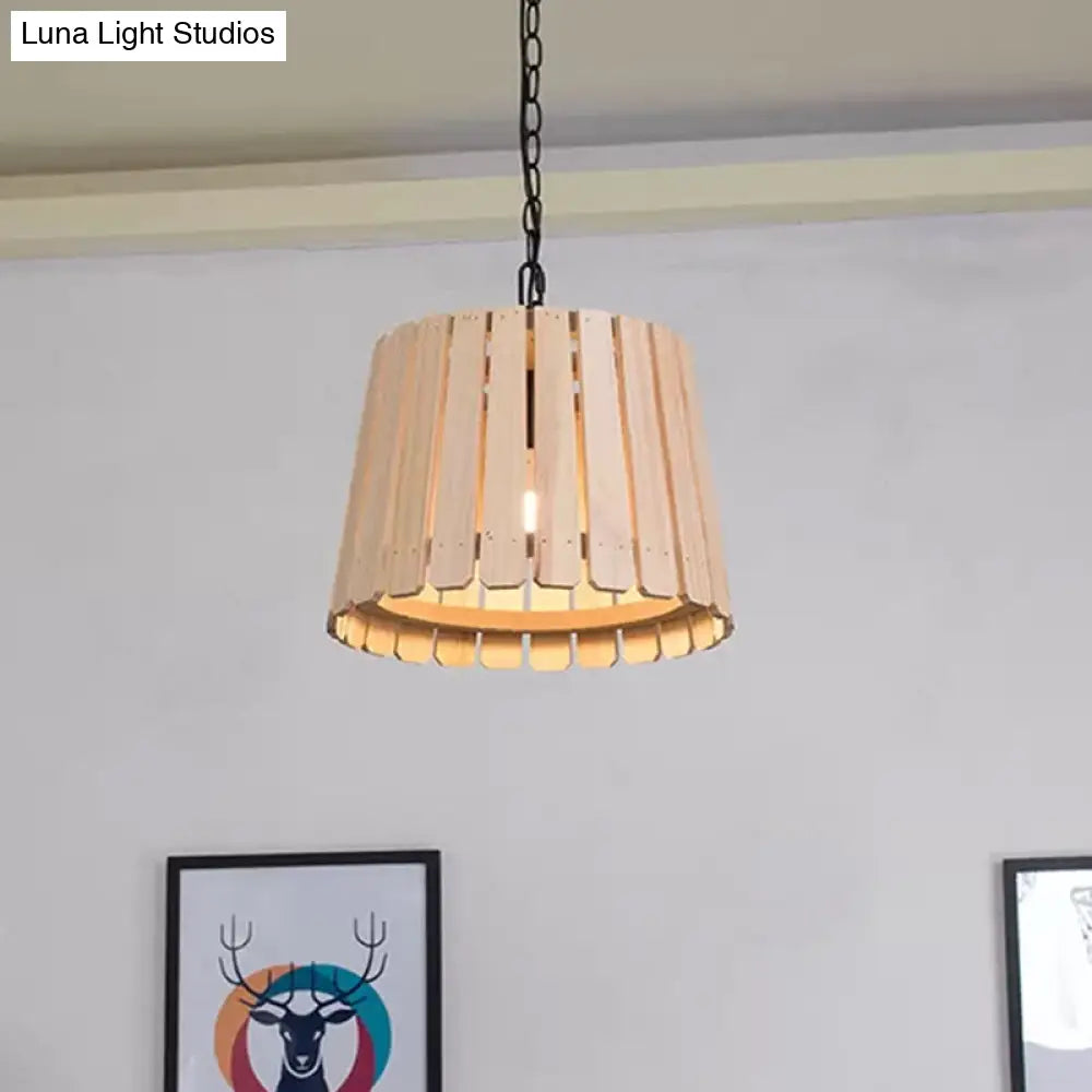 Rustic Hollowed Barrel Wood Pendant Lamp With Chain - Perfect For Hanging Over Tables