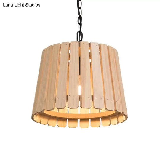 Rustic Hollowed Barrel Wood Pendant Lamp With Chain - Perfect For Hanging Over Tables