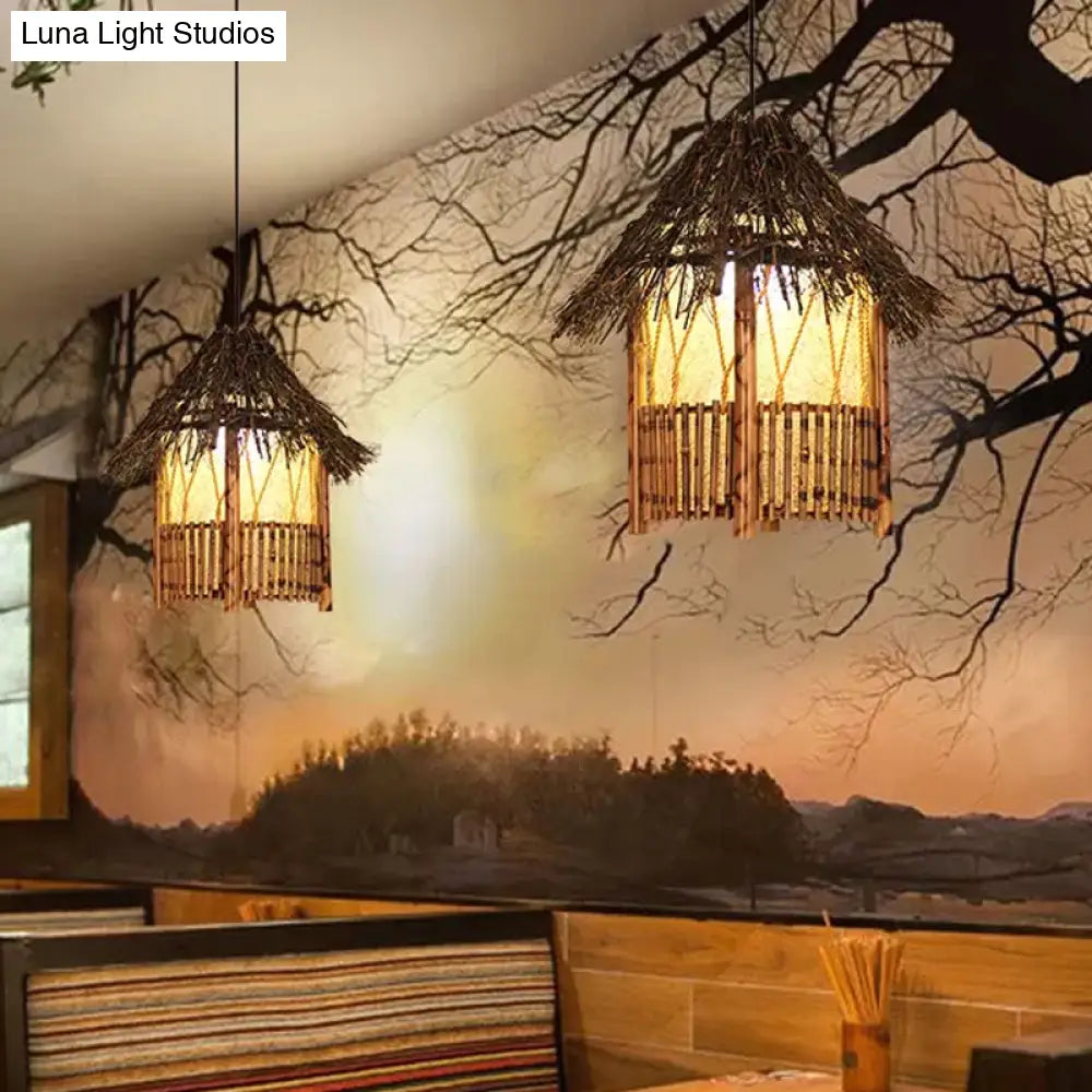 Rustic House Shaped Pendant Lighting: Bamboo Tearoom Ceiling Light In Brown