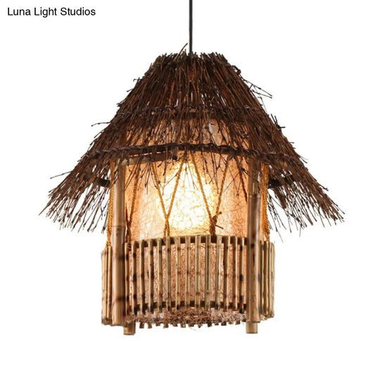 Rustic House Shaped Pendant Lighting: Bamboo Tearoom Ceiling Light In Brown