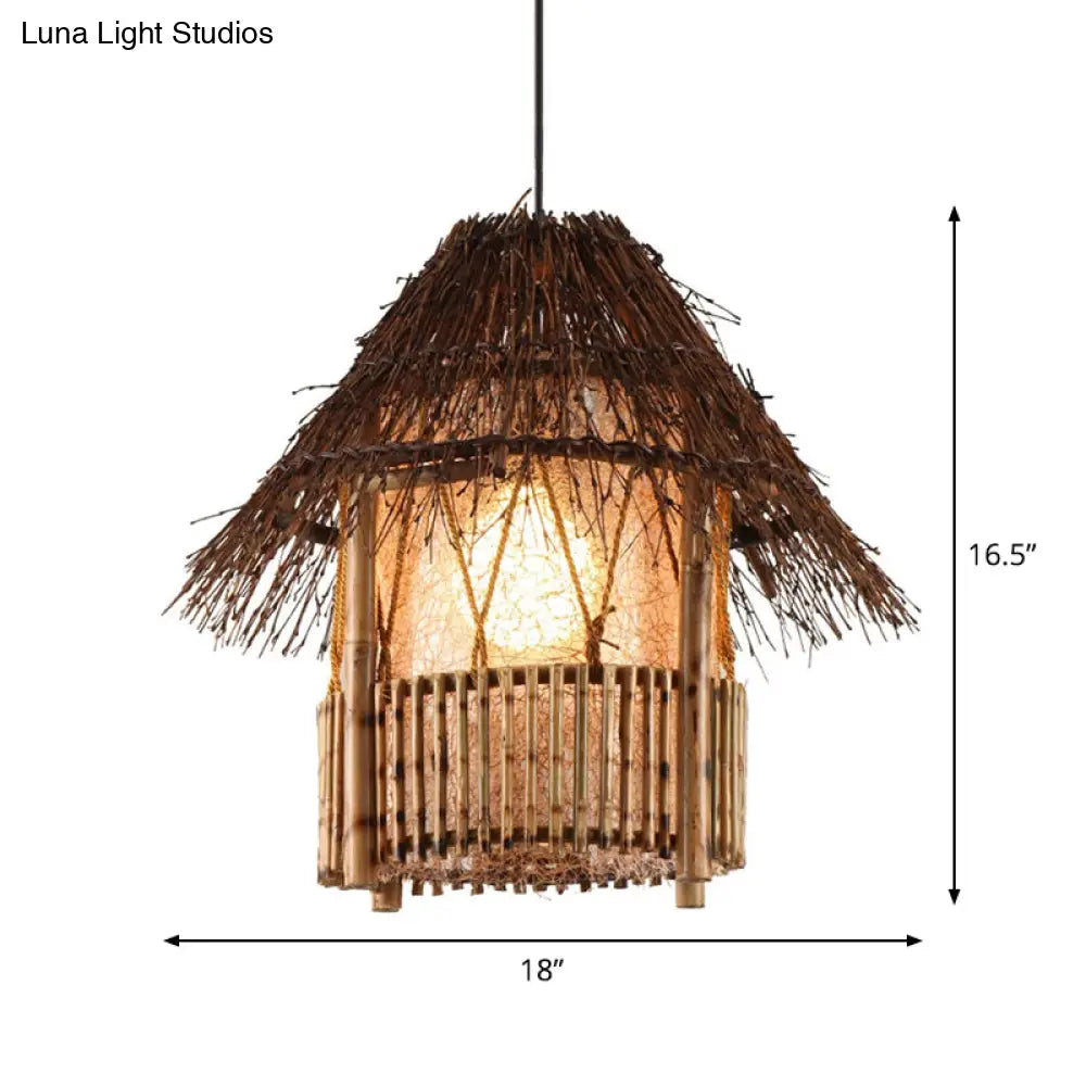 Rustic House Shaped Pendant Lighting: Bamboo Tearoom Ceiling Light In Brown