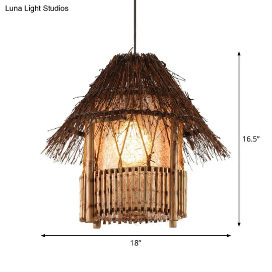 Rustic House Shaped Pendant Lighting: Bamboo Tearoom Ceiling Light In Brown