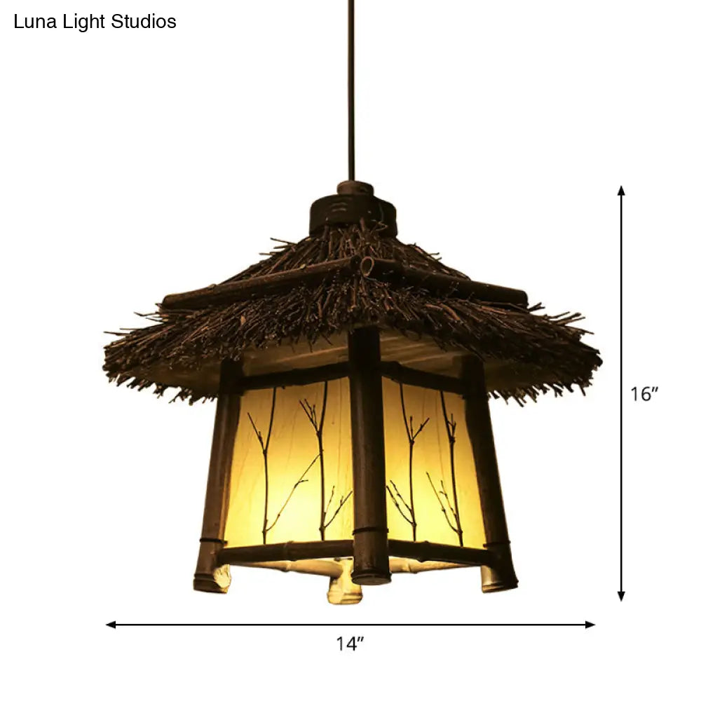 Rustic House Shaped Pendant Lighting: Bamboo Tearoom Ceiling Light In Brown