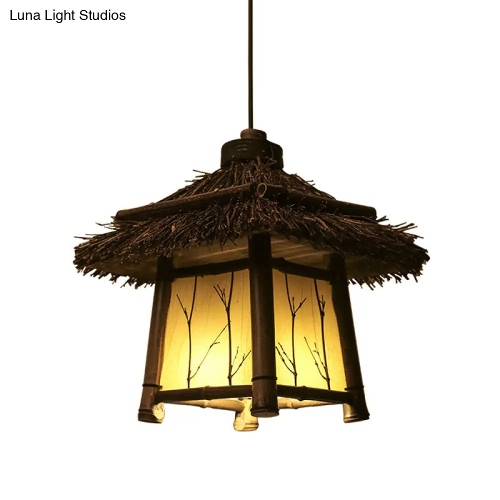 Rustic House Shaped Pendant Lighting: Bamboo Tearoom Ceiling Light In Brown