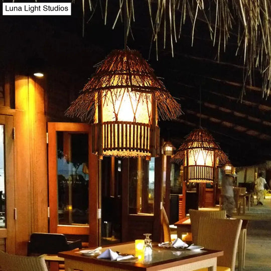 Rustic Bamboo House Pendant Light Tearoom Ceiling Fixture In Brown