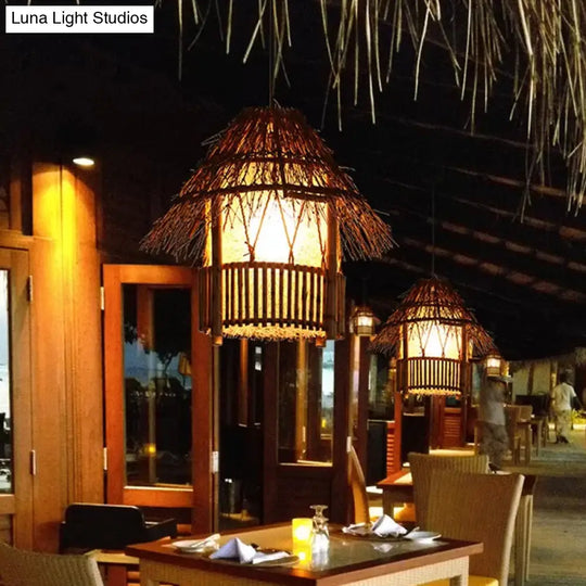 Rustic House Shaped Pendant Lighting: Bamboo Tearoom Ceiling Light In Brown