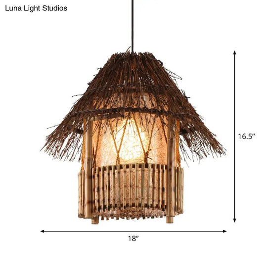 Rustic Bamboo House Pendant Light Tearoom Ceiling Fixture In Brown