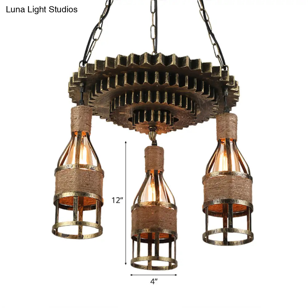Rustic Industrial 3-Light Bar Pendant Lamp With Gear Decoration - Bottle Caged Iron Ceiling Hanging