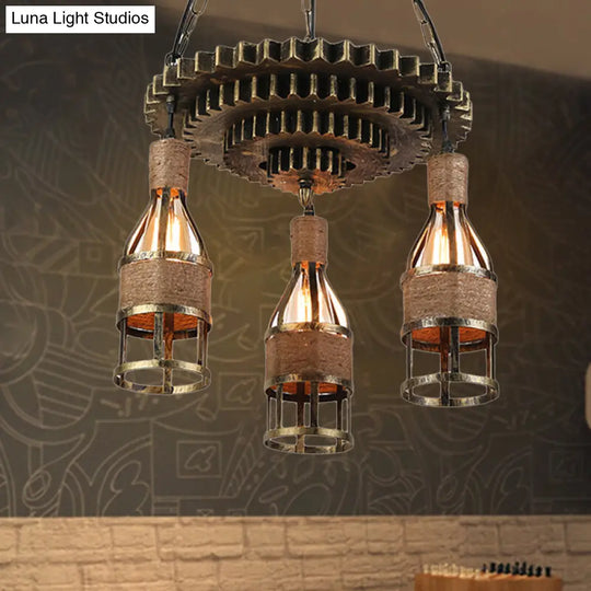 Iron Cage Hanging Pendant Light With Rustic Gear Decoration - Industrial Style 3 Lights Bronze