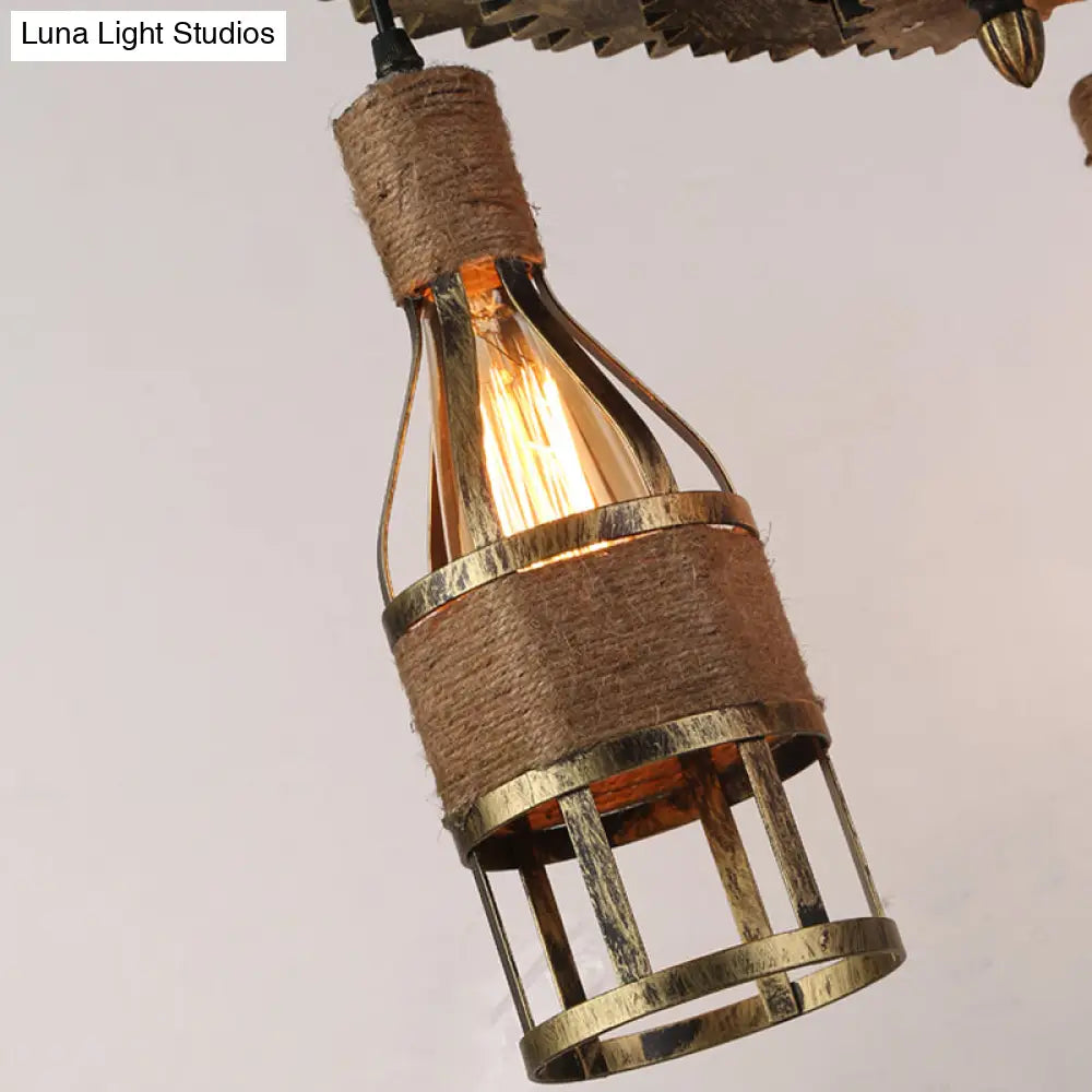 Rustic Industrial 3-Light Bar Pendant Lamp With Gear Decoration - Bottle Caged Iron Ceiling Hanging