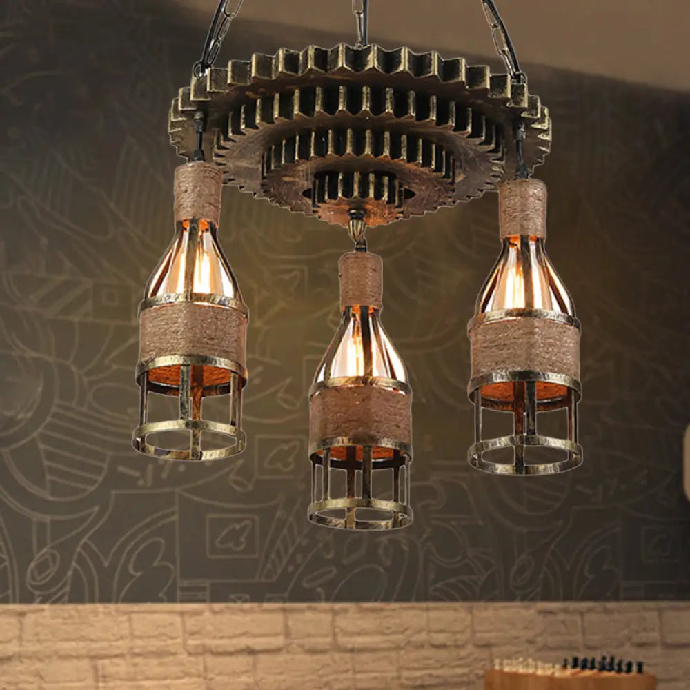 Rustic Industrial 3-Light Bar Pendant Lamp With Gear Decoration - Bottle Caged Iron Ceiling Hanging