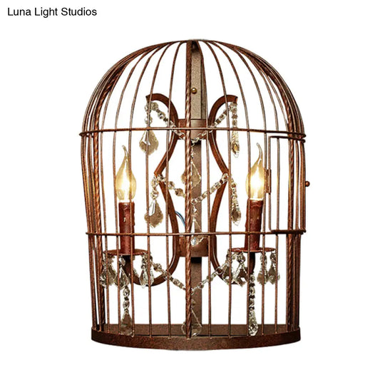 Rustic Industrial Birdcage Wall Sconce With Crystal Accents 2 Light Metal Lamp