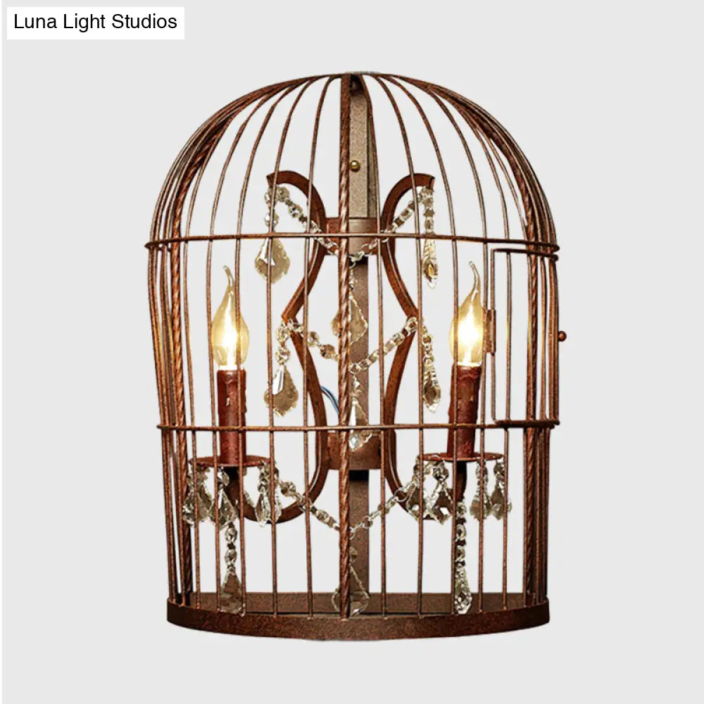 Rustic Industrial Birdcage Wall Sconce With Crystal Accents 2 Light Metal Lamp