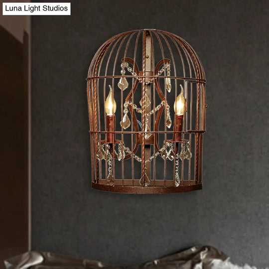 Rustic Industrial Birdcage Wall Sconce With Crystal Accents 2 Light Metal Lamp