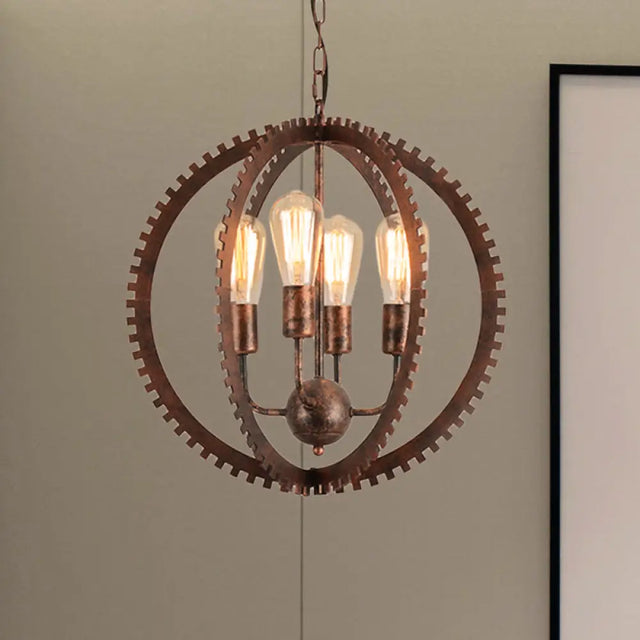 Rustic Industrial Circle Frame Chandelier Light Fixture w/ 4 Heads ...