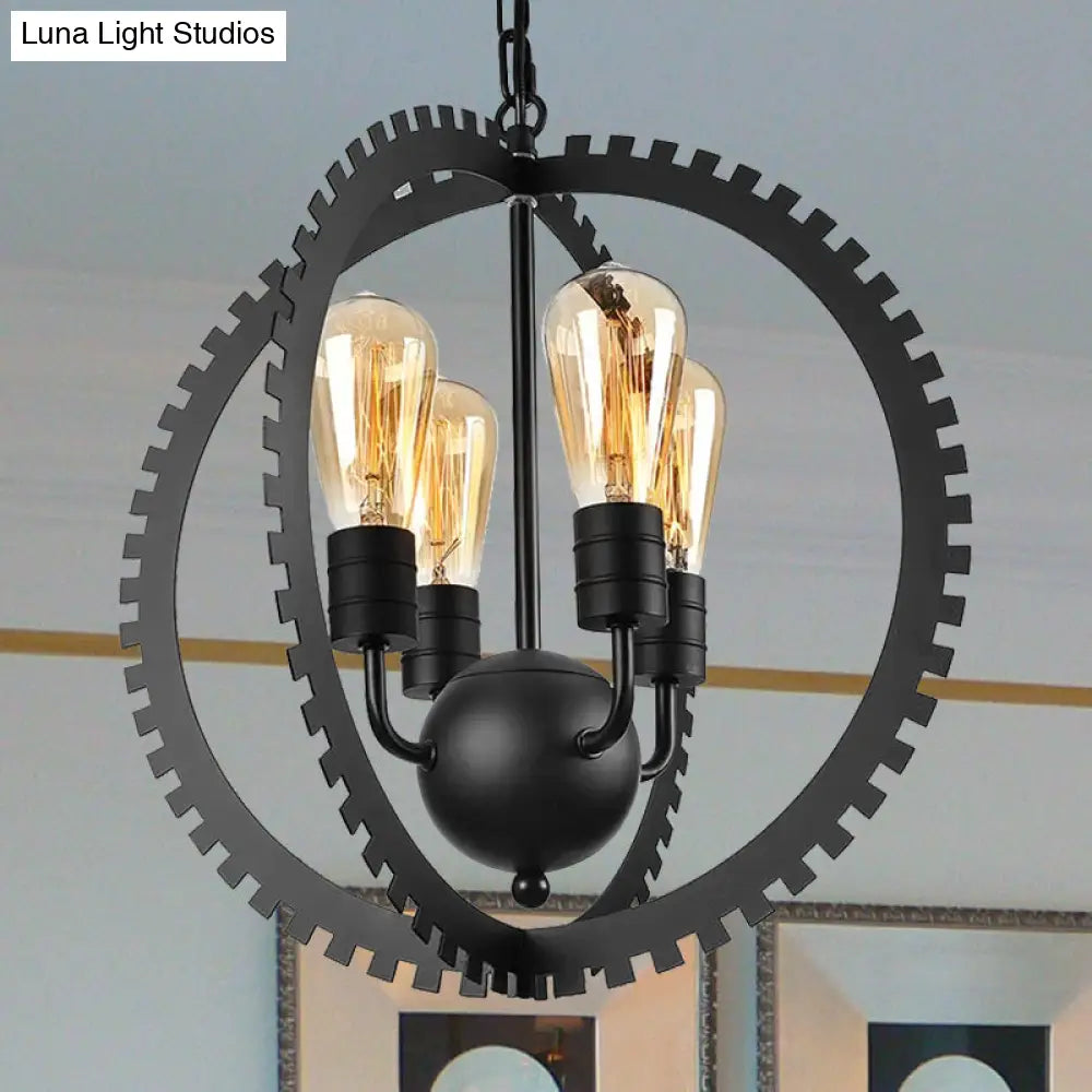 Rustic Industrial Circle Frame Chandelier Light Fixture W/ 4 Heads Black/Rust Iron Gear Design