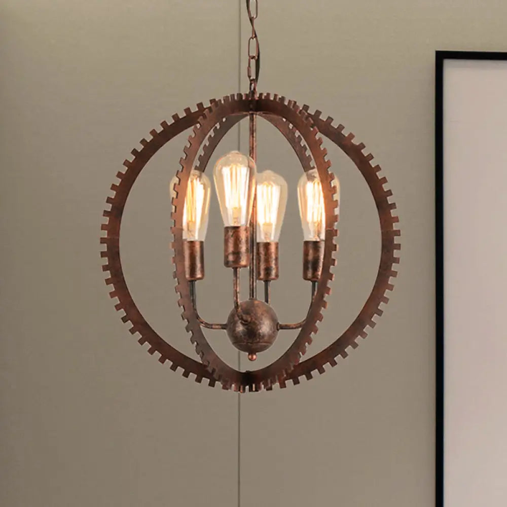 Rustic Industrial Circle Frame Chandelier Light Fixture W/ 4 Heads Black/Rust Iron Gear Design Rust