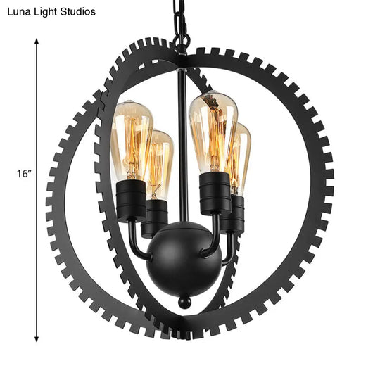 Rustic Industrial Circle Frame Chandelier With 4 Heads Gear Design Black/Rust Iron Ceiling Lighting