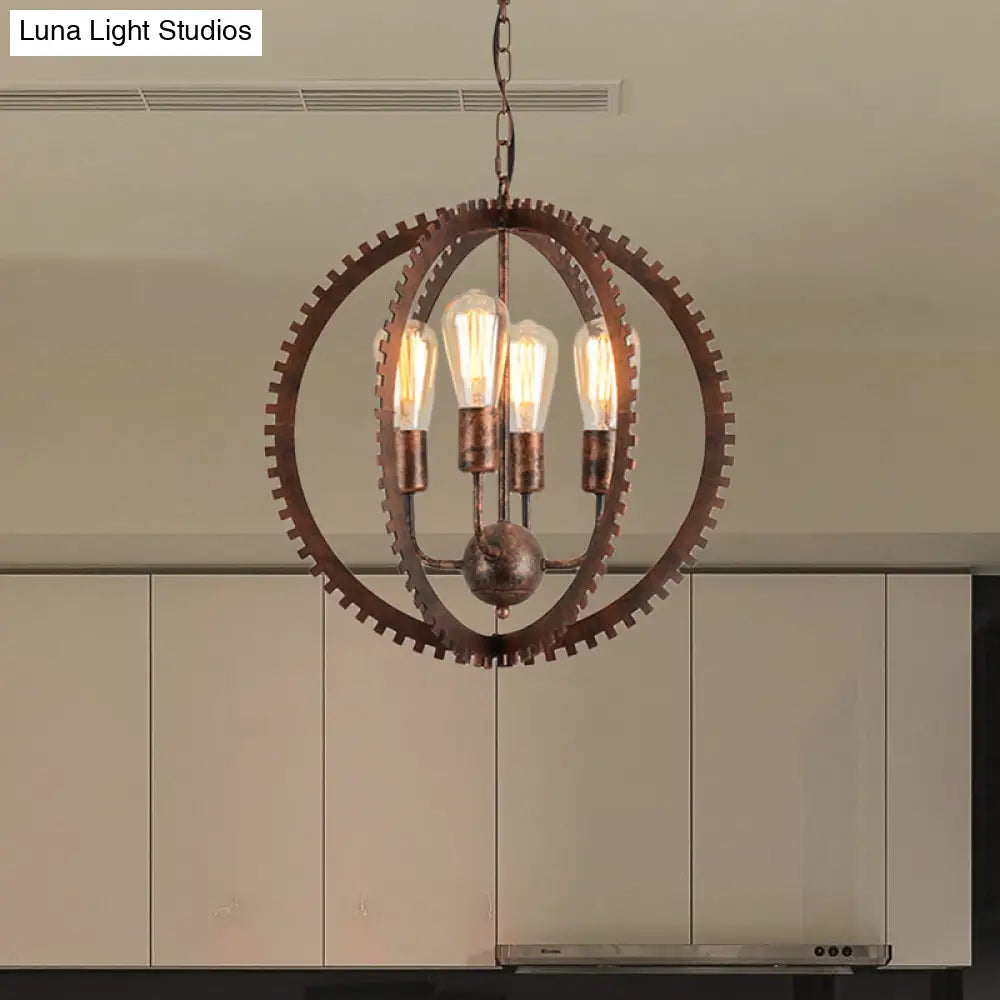 Rustic Industrial Circle Frame Chandelier Light Fixture W/ 4 Heads Black/Rust Iron Gear Design