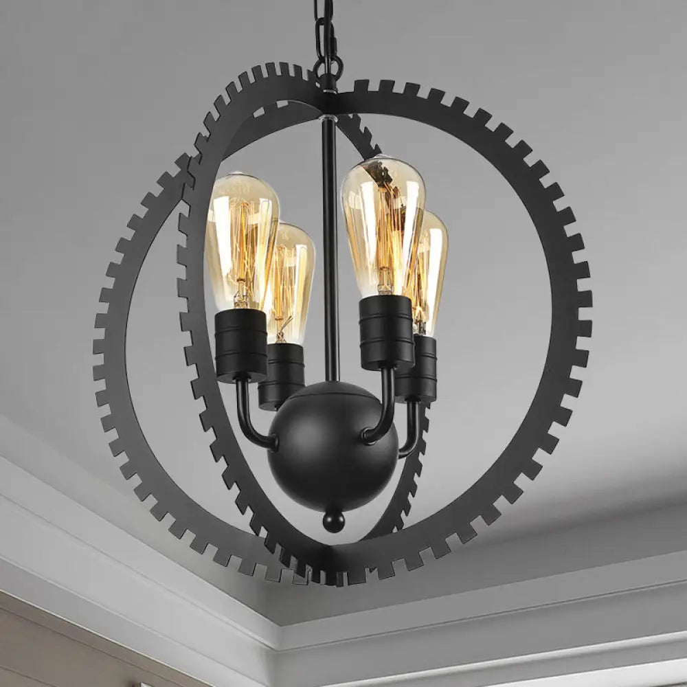 Rustic Industrial Circle Frame Chandelier Light Fixture W/ 4 Heads Black/Rust Iron Gear Design Black