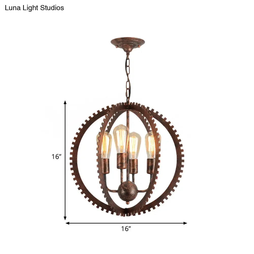 Rustic Industrial Circle Frame Chandelier Light Fixture W/ 4 Heads Black/Rust Iron Gear Design