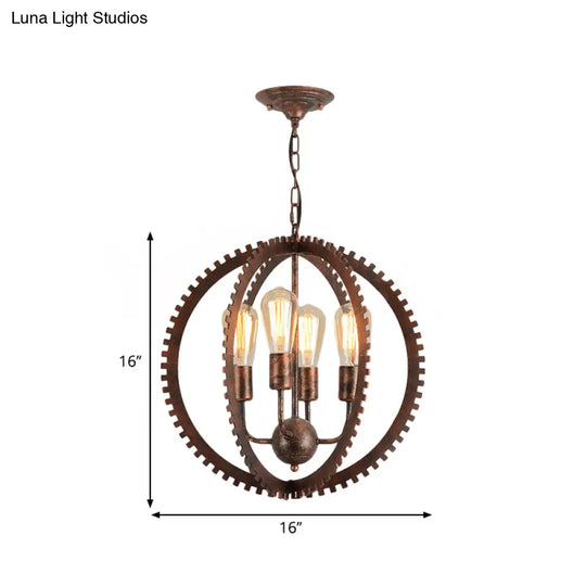 Rustic Industrial Circle Frame Chandelier Light Fixture W/ 4 Heads Black/Rust Iron Gear Design