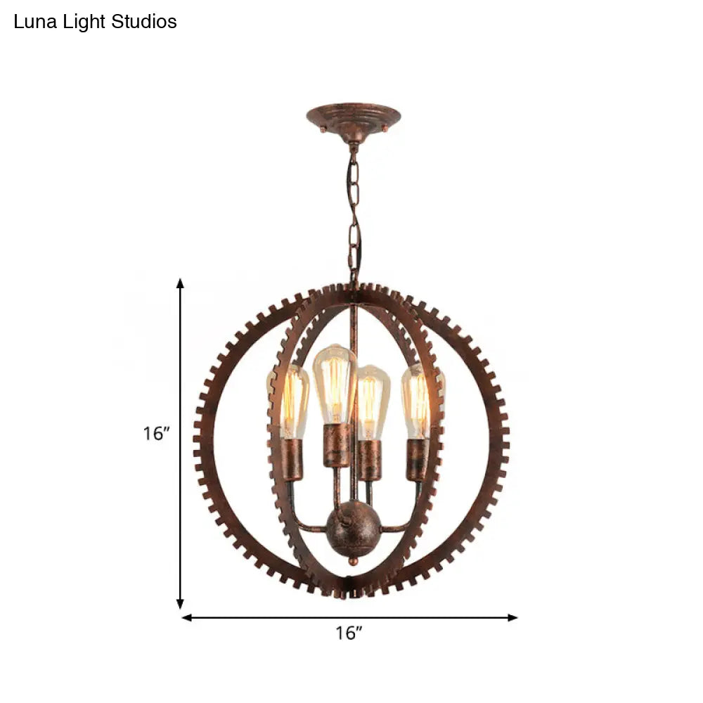 Rustic Industrial Circle Frame Chandelier With 4 Heads Gear Design Black/Rust Iron Ceiling Lighting