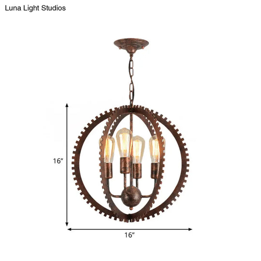 Rustic Industrial Circle Frame Chandelier With 4 Heads Gear Design Black/Rust Iron Ceiling Lighting