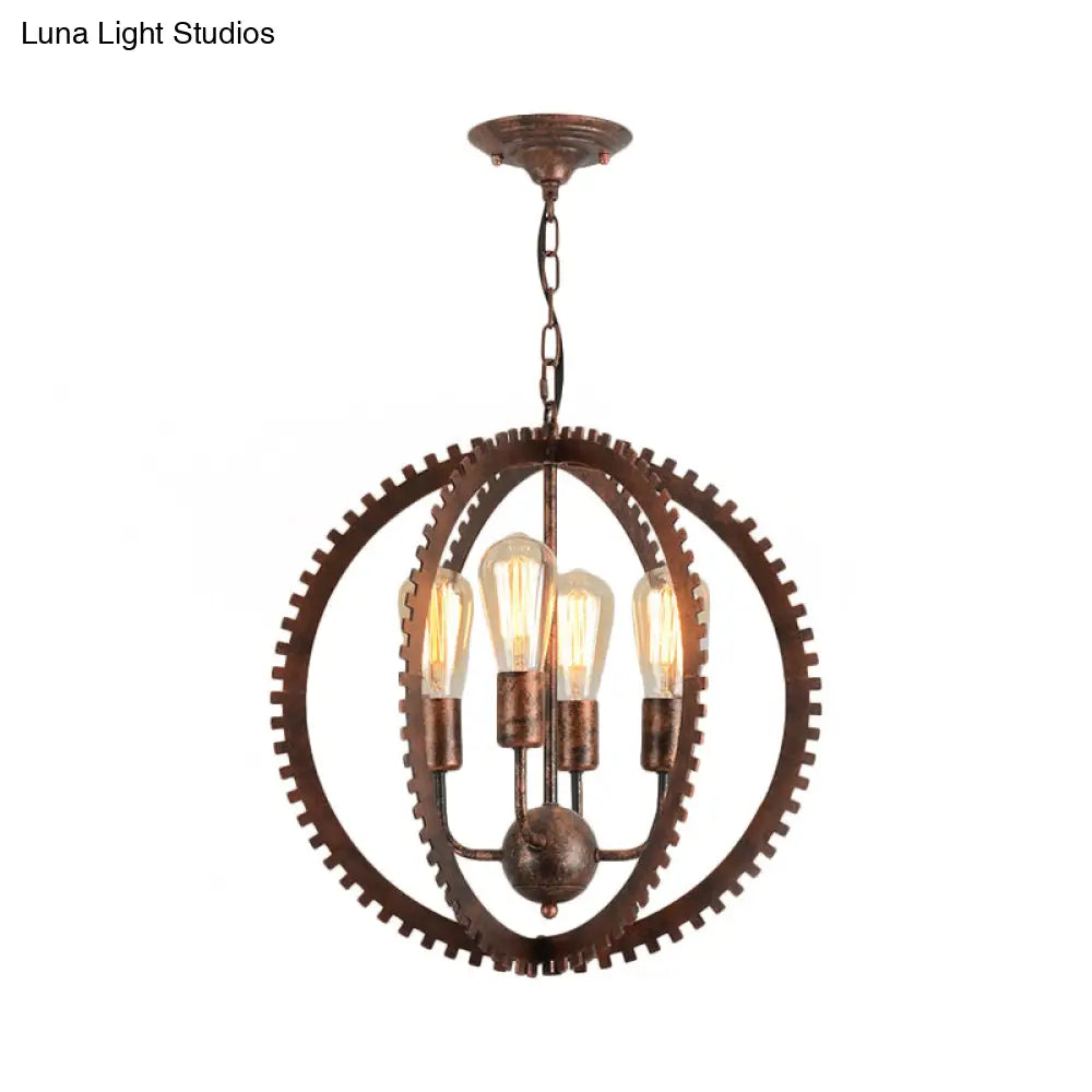 Rustic Industrial Circle Frame Chandelier Light Fixture W/ 4 Heads Black/Rust Iron Gear Design