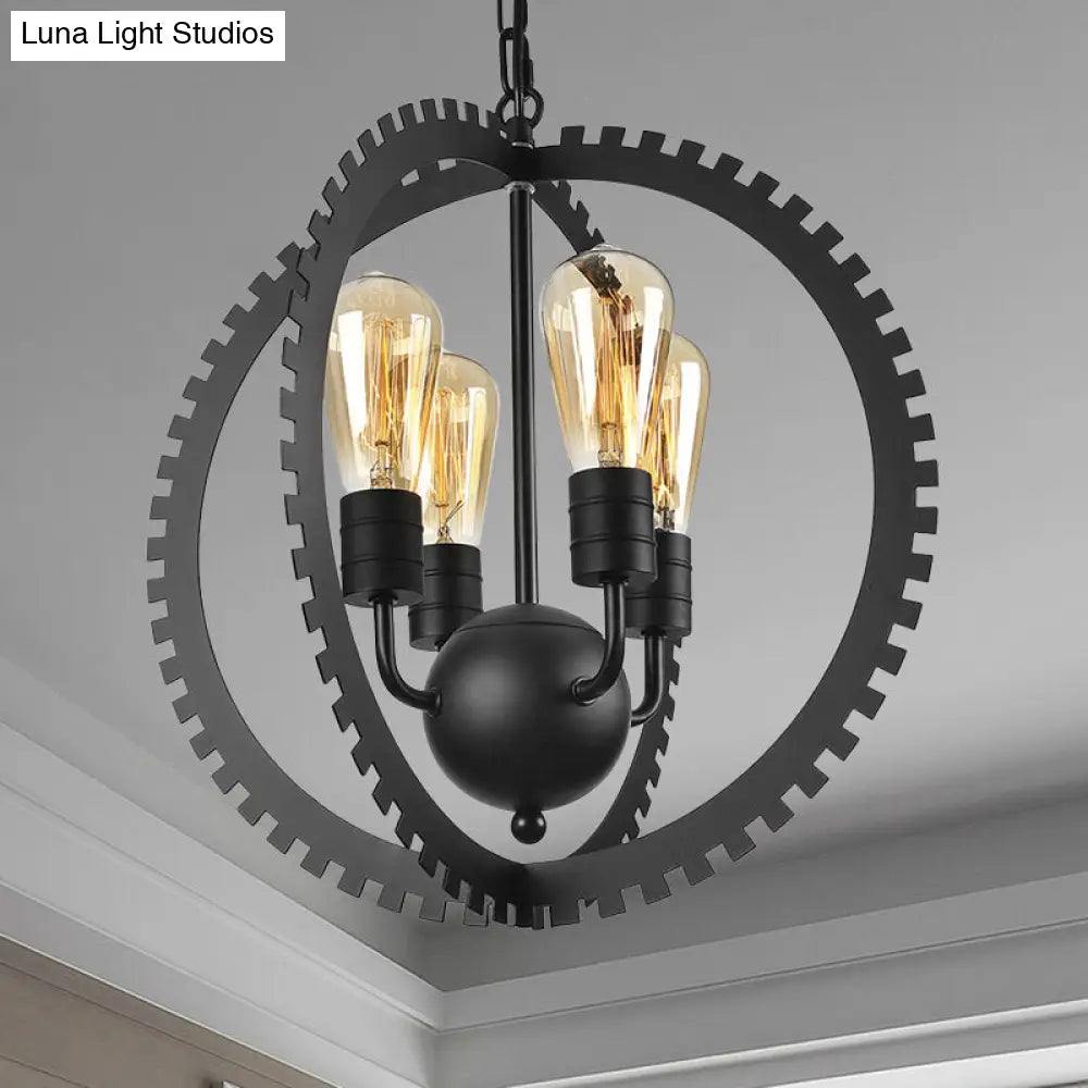 Rustic Industrial Circle Frame Chandelier With 4 Heads Gear Design Black/Rust Iron Ceiling Lighting