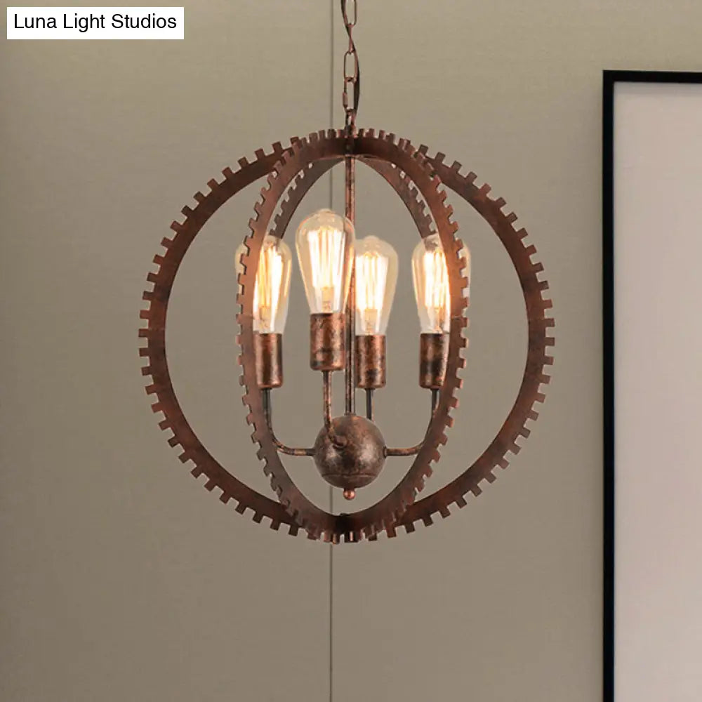 Rustic Industrial Circle Frame Chandelier With 4 Heads Gear Design Black/Rust Iron Ceiling Lighting