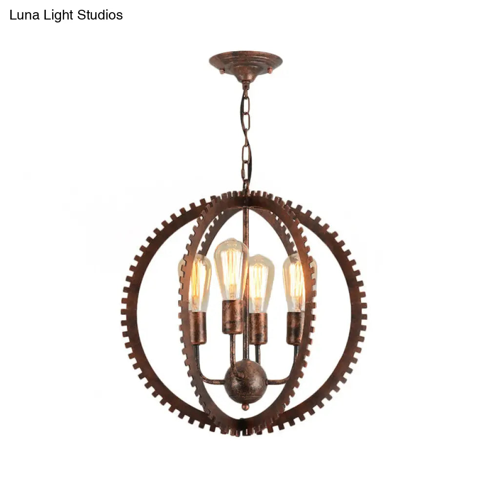 Rustic Industrial Circle Frame Chandelier With 4 Heads Gear Design Black/Rust Iron Ceiling Lighting