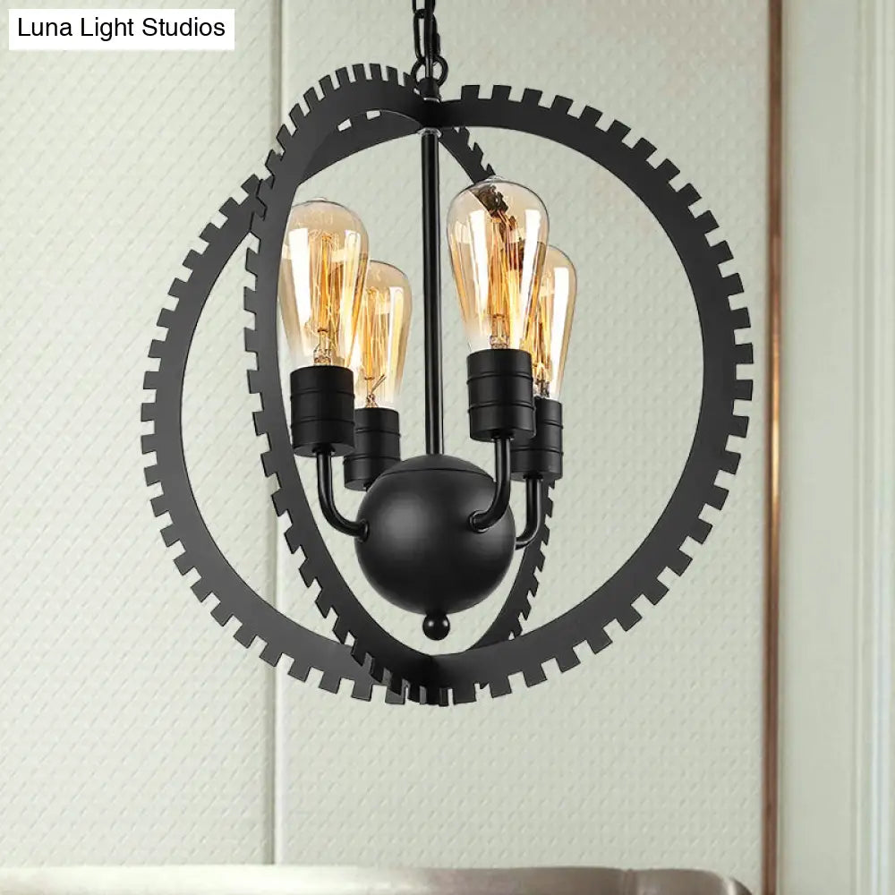 Rustic Industrial Circle Frame Chandelier Light Fixture W/ 4 Heads Black/Rust Iron Gear Design