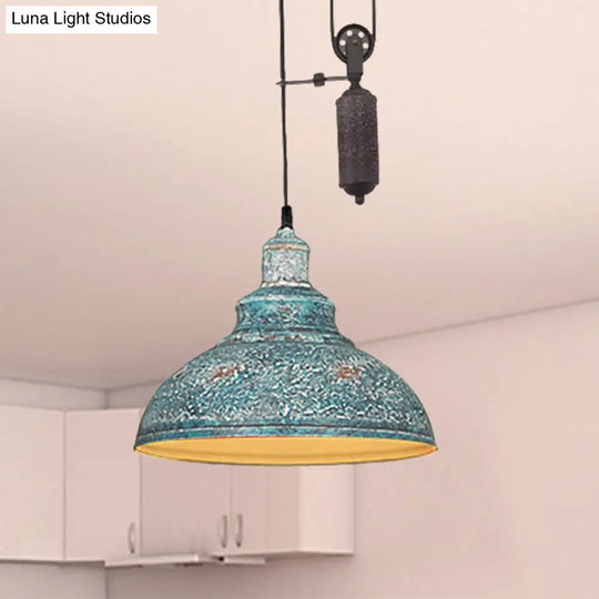 Rustic Industrial Dome Pendant Lamp With Pulley - 1 Light Metal Fixture In Brown/Grey For Living