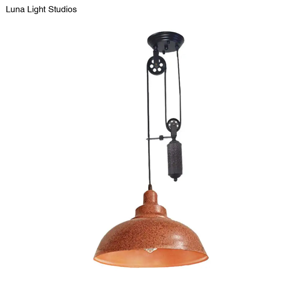 Rustic Industrial Dome Pendant Lamp With Pulley - 1 Light Brown/Grey Fixture For Living Room