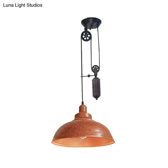 Rustic Industrial Dome Pendant Lamp With Pulley - 1 Light Brown/Grey Fixture For Living Room