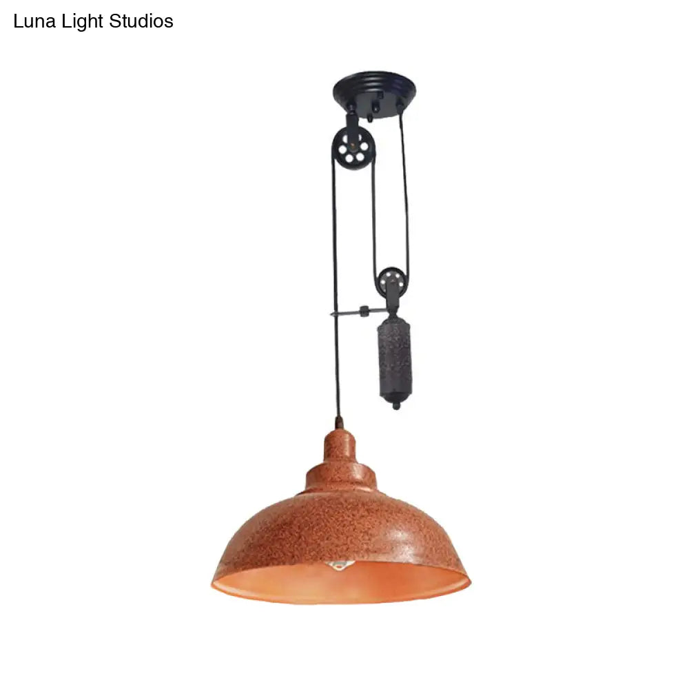 Rustic Industrial Dome Pendant Lamp With Pulley - 1 Light Metal Fixture In Brown/Grey For Living