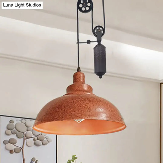 Rustic Industrial Dome Pendant Lamp With Pulley - 1 Light Brown/Grey Fixture For Living Room