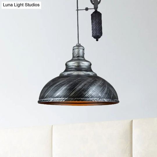 Rustic Industrial Dome Pendant Lamp With Pulley - 1 Light Brown/Grey Fixture For Living Room Aged