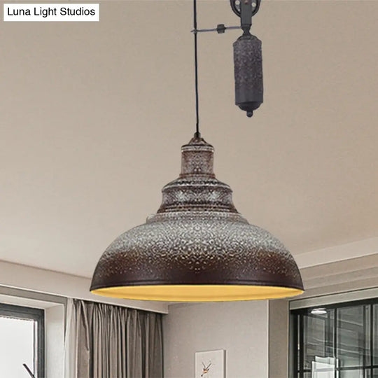 Rustic Industrial Dome Pendant Lamp With Pulley - 1 Light Brown/Grey Fixture For Living Room Brown