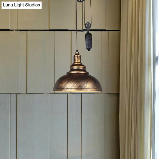 Rustic Industrial Dome Pendant Lamp With Pulley - 1 Light Metal Fixture In Brown/Grey For Living