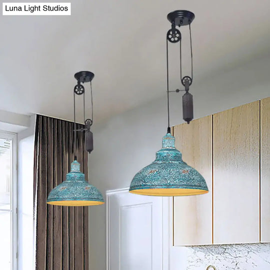 Rustic Industrial Dome Pendant Lamp With Pulley - 1 Light Metal Fixture In Brown/Grey For Living