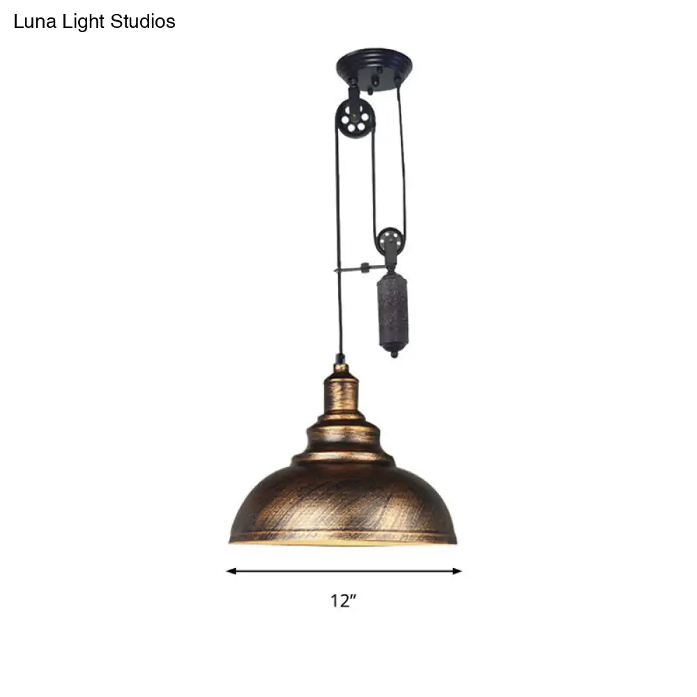 Rustic Industrial Dome Pendant Lamp With Pulley - 1 Light Brown/Grey Fixture For Living Room