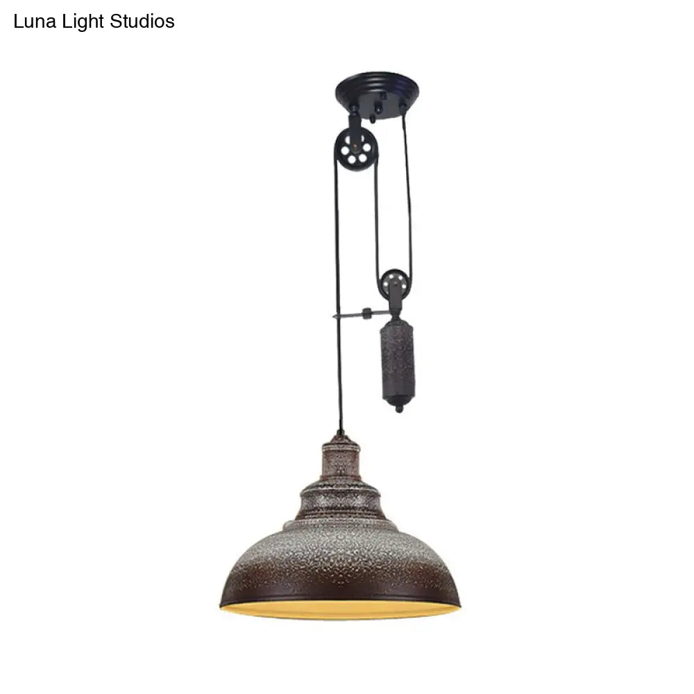 Rustic Industrial Dome Pendant Lamp With Pulley - 1 Light Metal Fixture In Brown/Grey For Living