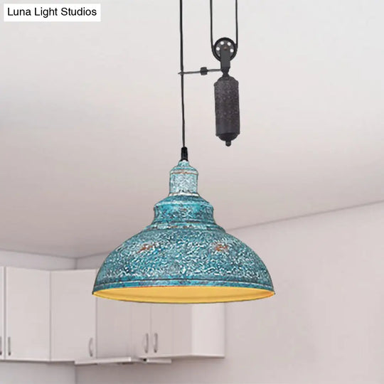 Rustic Industrial Dome Pendant Lamp With Pulley - 1 Light Brown/Grey Fixture For Living Room Blue