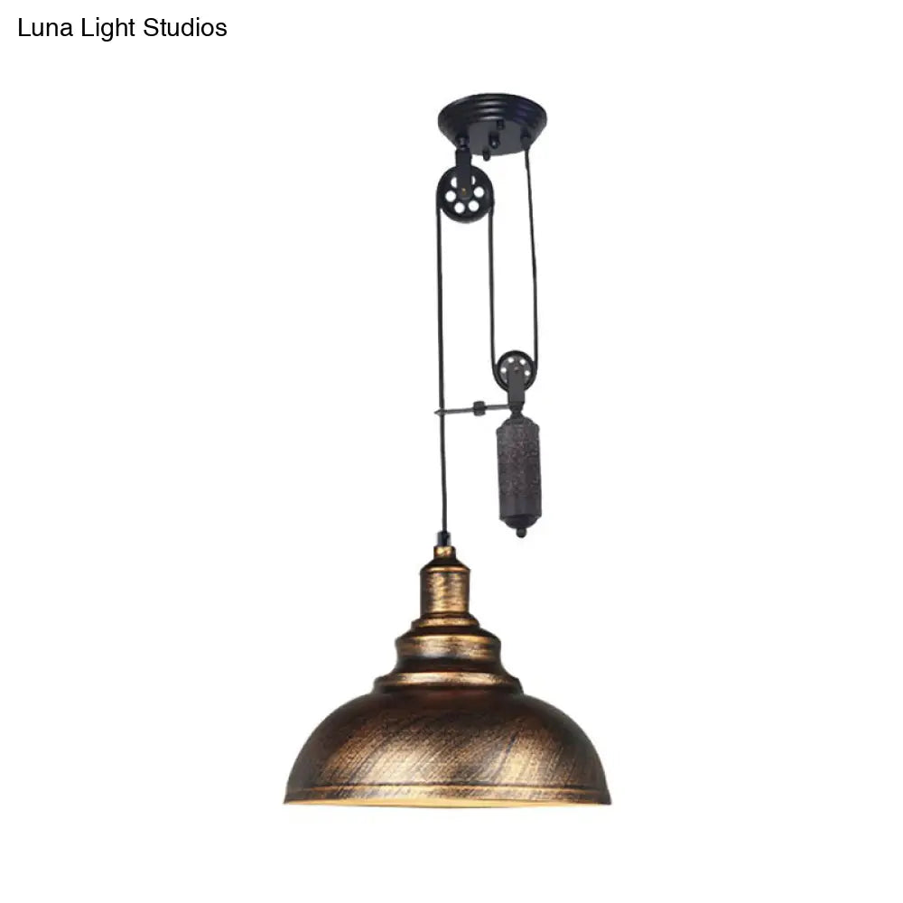 Rustic Industrial Dome Pendant Lamp With Pulley - 1 Light Metal Fixture In Brown/Grey For Living