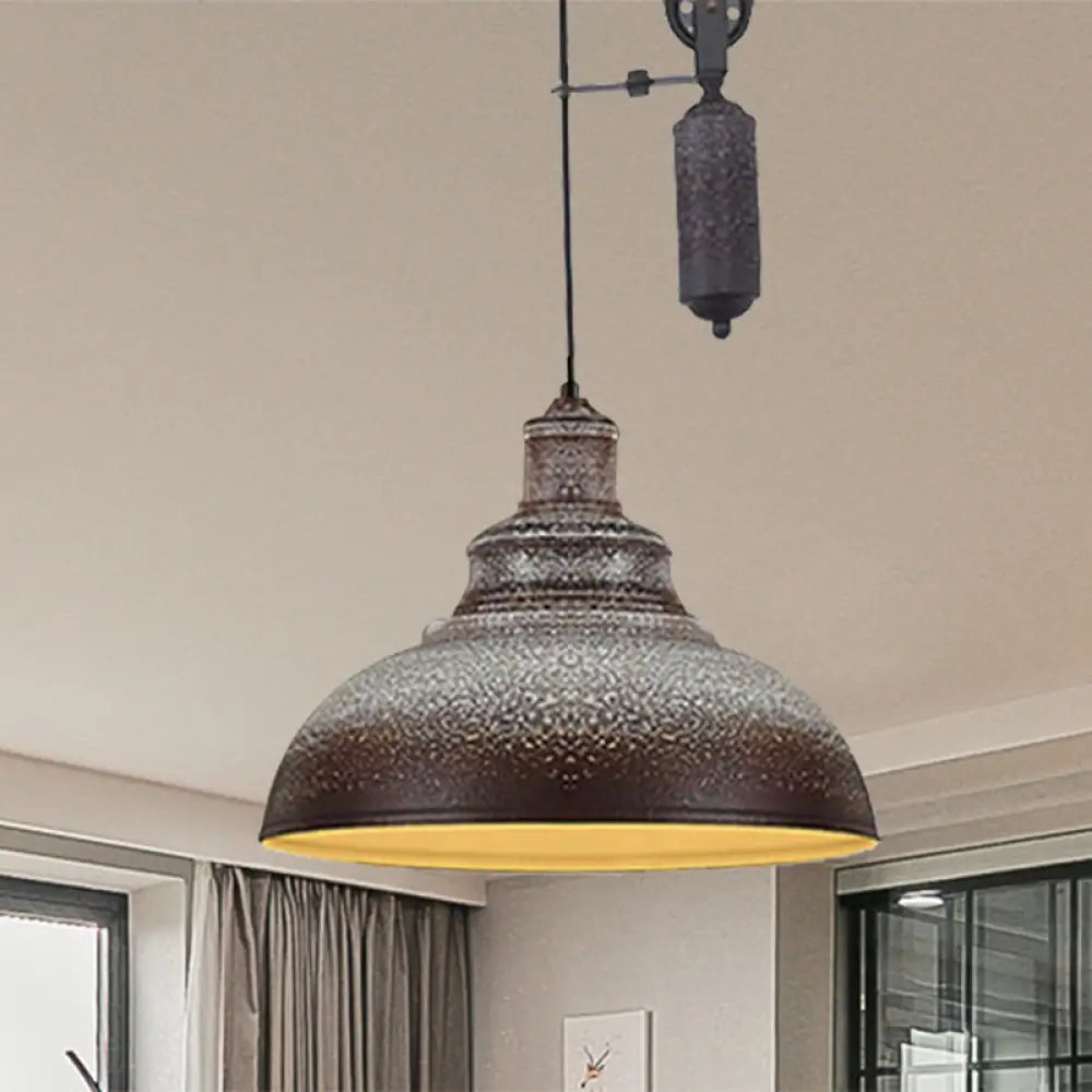 Rustic Industrial Dome Pendant Lamp With Pulley - 1 Light Metal Fixture In Brown/Grey For Living