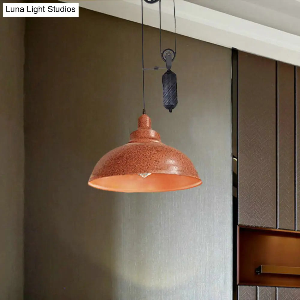 Rustic Industrial Dome Pendant Lamp With Pulley - 1 Light Metal Fixture In Brown/Grey For Living