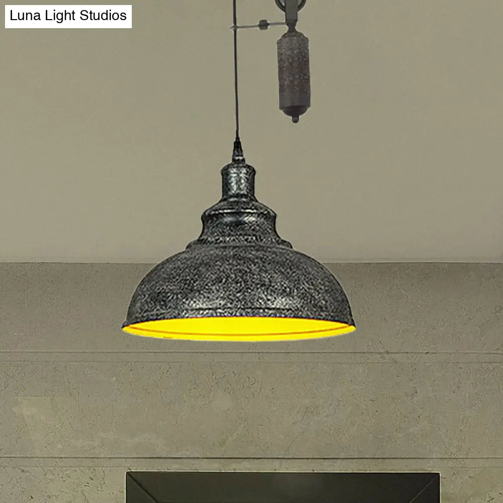 Rustic Industrial Dome Pendant Lamp With Pulley - 1 Light Brown/Grey Fixture For Living Room