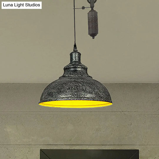 Rustic Industrial Dome Pendant Lamp With Pulley - 1 Light Brown/Grey Fixture For Living Room